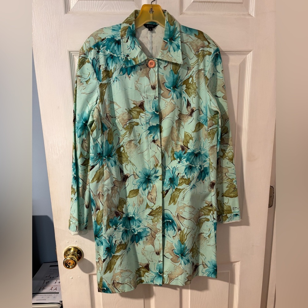Vintage Zinc Teal and Tan Floral Button Down Lined Long Jacket L